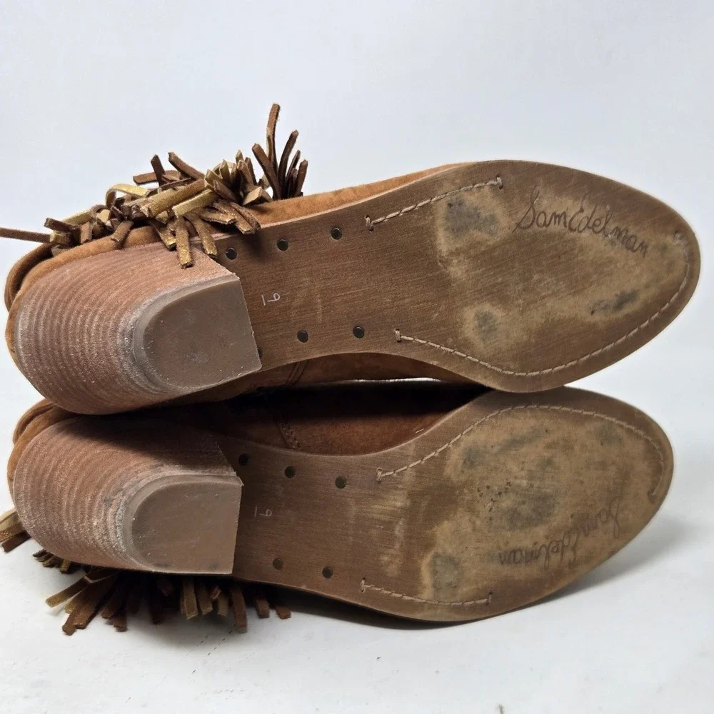 Sam Edelman Louie Cognac‎ Brown Suede Fringe Ankle Boots Gold Metallic Accents 9
